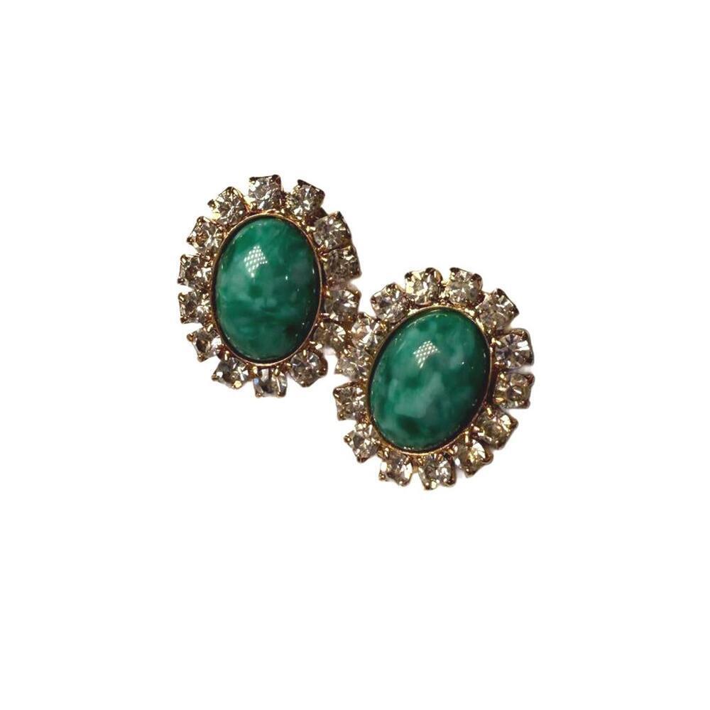 Vintage Clip-On Earrings with Green Stone and Clear Rhinestones